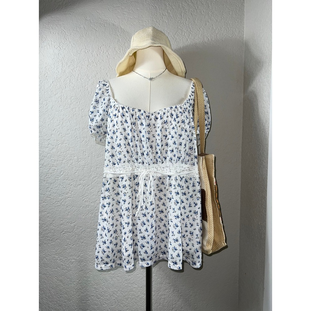 Cottagecore Floral Empire Tie Waist Puff Sleeve Babydoll Tunic Top L Ditsy